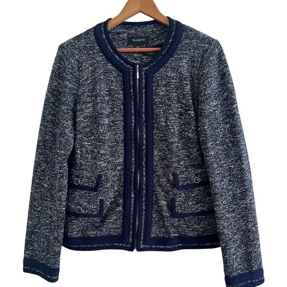 Talbots Knit Soft Full Zip Blazer Jacket 12 Navy Smart Casual Office Old Money - Picture 1 of 11
